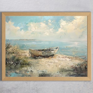 Vintage Coastal Oil Painting - Serene Beach Scene with Boat - Nautical Wall Art, Vintage oil painting, sea oil painting