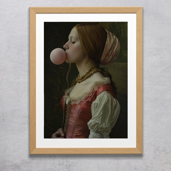 Neo Renaissance Portrait Lady with a Bubblegum - Vintage portrait digital donwload Oil painting Vintage painting Female portrait painting