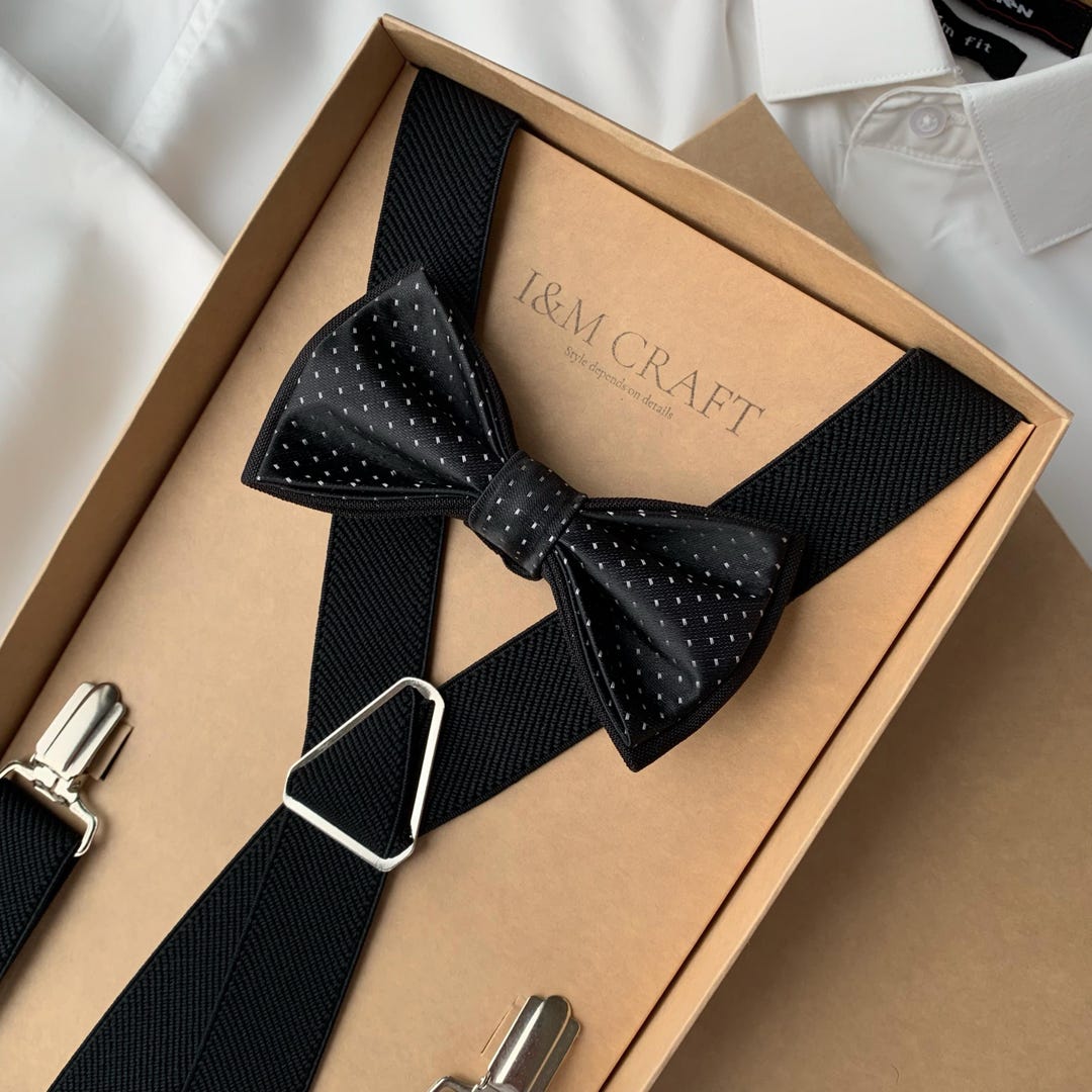 mens black bow tie and suspenders