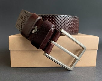 Classic Brown perforated leather belt. Gift for him, Gift for boyfriend, Gift for Dad