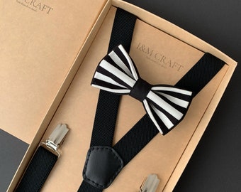 Men&#39;s set Black and White Striped Bow Tie + Suspenders for Wedding, to the prom