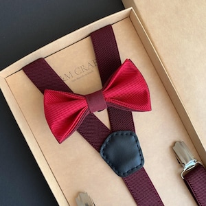 Men&#39;s set Burgundy Bow Tie + Suspenders for Wedding, to the prom