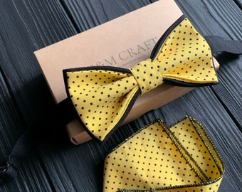 Yellow Bow Tie + Pocket Square Set Matching Set Mens Gift Grooms Matching Tie Set Pocket Square Combo Gift Set