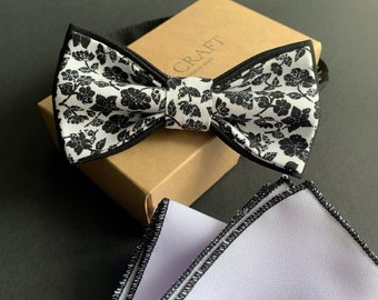 Floral Bow Tie + Pocket Square Set Matching Set Mens Gift Grooms Matching Tie Set Pocket Square Combo Gift Set