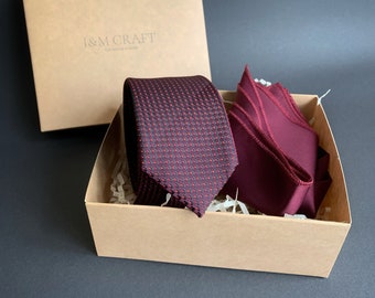 Burgundy Regular Tie + Pocket Square Set Matching Set Mens Gift Grooms Matching Tie Set Pocket Square Combo Gift Set