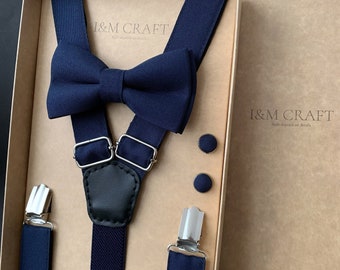Men&#39;s set dark blue Bow Tie + Suspenders + Cufflinks, for Wedding, to the prom