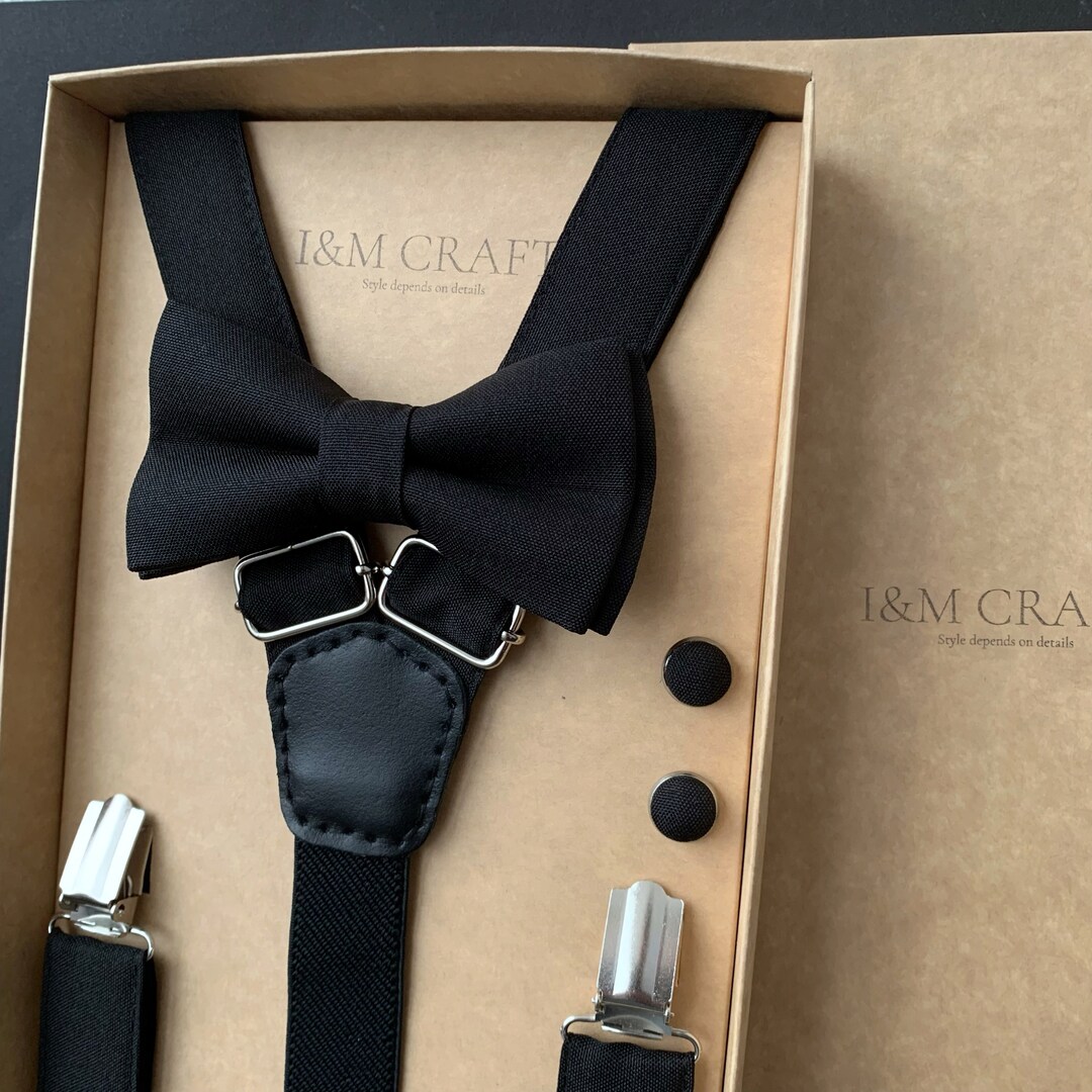 mens black bow tie and suspenders