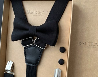 Herenset zwarte vlinderdas + bretels + manchetknopen, voor bruiloft, naar het bal