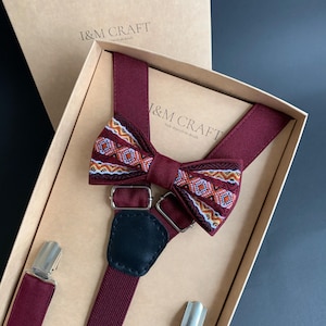 Herren Set Fliege und Hosenträger weinrot mit Stickerei, weinrote Hosenträger mit Fliege,Fliege für Hochzeit