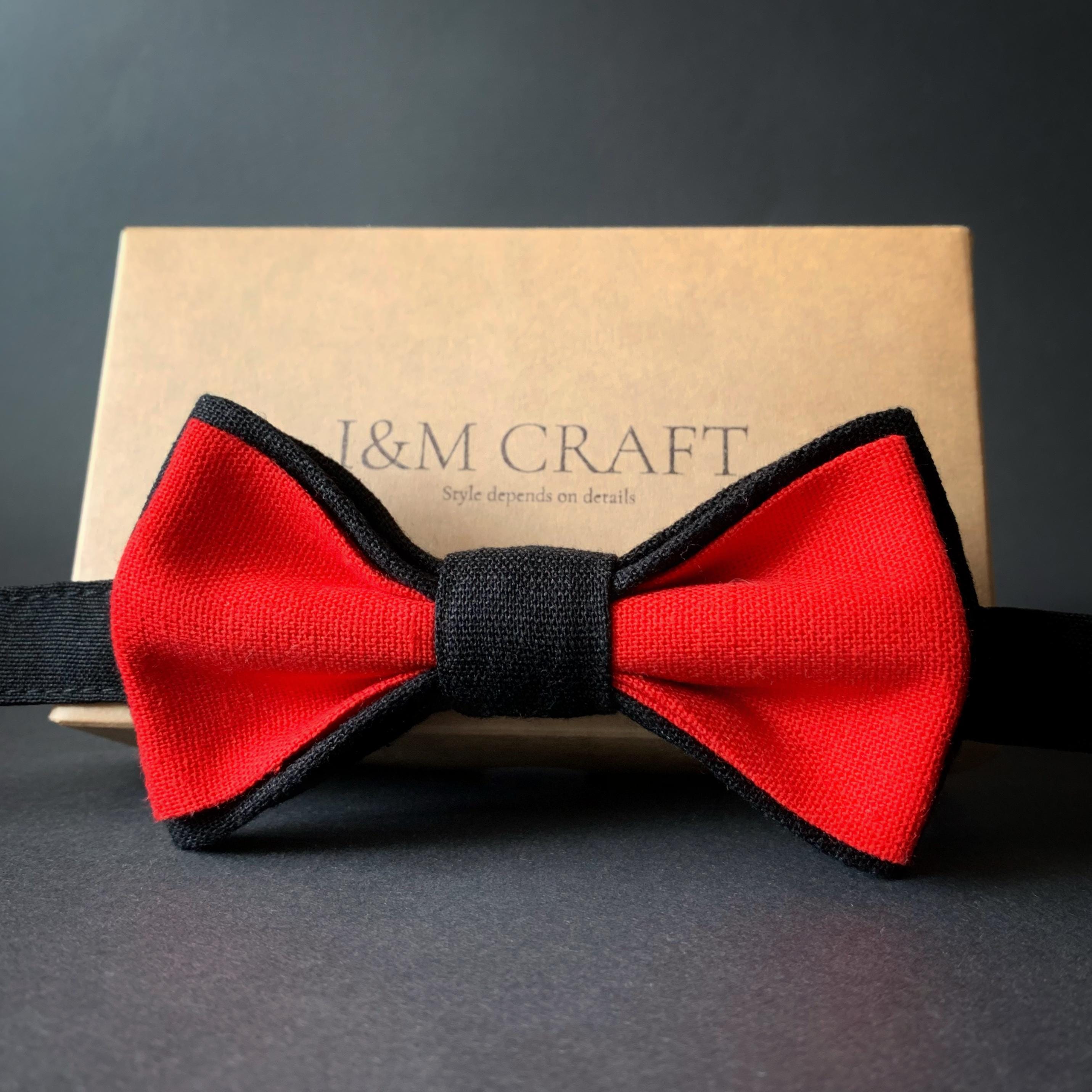 Black and Red Linen Bow Tie With Matching Pocket Square - Handmade Black and Red Linen Bow Tie With Matching Pocket Square - Handmade