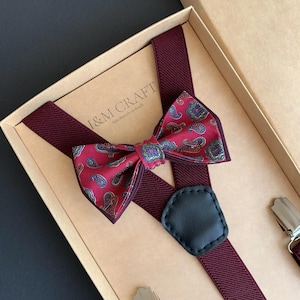 Men&#39;s set Burgundy pure silk Bow Tie + Suspenders for Wedding, to the prom