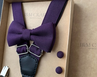 Men&#39;s set violet Bow Tie + Suspenders + Cufflinks for Wedding, Purple bow tie and suspenders to the prom