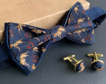 Dog Print Pure Silk Bow Tie, Matching Cufflinks available