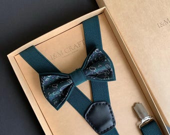 Men&#39;s set Navy Green Bow Tie + Suspenders for Wedding, to the prom