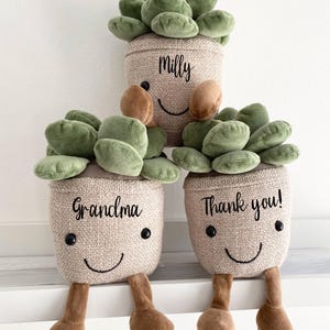 May include: Three plush succulent plant toys with smiling faces and brown legs. The plants are in beige pots with the words "Milly", "Grandma", and "Thank you!" written on them. The succulent leaves are green.
