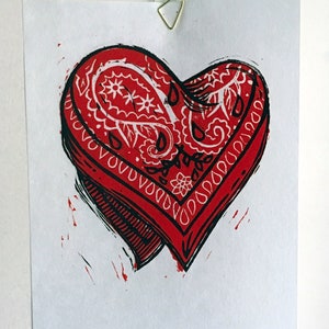 Hanky heart linocut print – red, blue, black