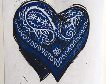 Hanky heart linocut print – red, blue, black