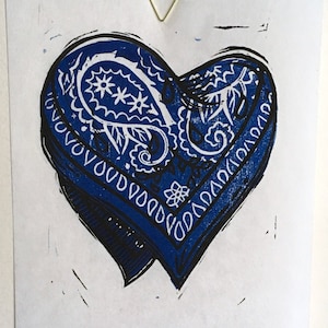 Hanky heart linocut print – red, blue, black