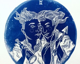 Impresión en cianotipo de GÉMINIS: ilustración original del zodíaco