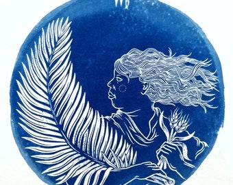 Impresión en cianotipo de VIRGO: ilustración original del zodíaco