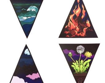 Conjunto completo de cuatro impresiones de elementos: fuego, agua, tierra y aire.