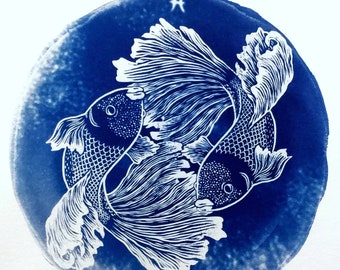 Impresión en cianotipo de PISCIS: ilustración original del zodíaco