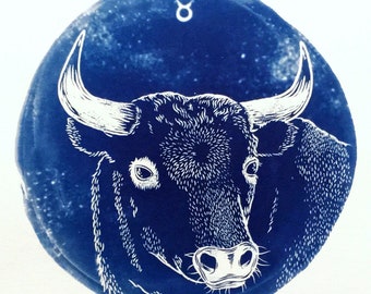 Impresión en cianotipo de TAURO: ilustración original del zodíaco