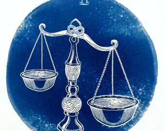 Impresión en cianotipo de LIBRA: ilustración original del zodíaco