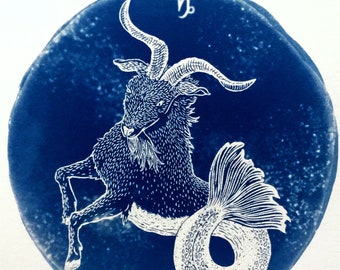 Impresión en cianotipo de CAPRICORNIO: ilustración zodiacal original