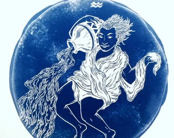 Impresión en cianotipo de ACUARIO: ilustración original del zodíaco