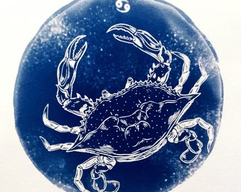 Impresión en cianotipo de CÁNCER: ilustración original del zodíaco