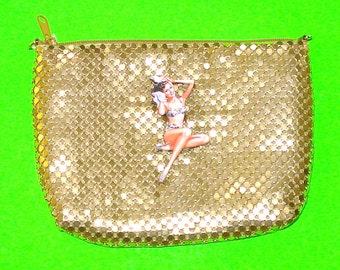 Pinup Girl Bathing Gold Metal Mesh Retro Vintage Refurbished One of a Kind Rockabella Handbag Zippered Clutch Purse