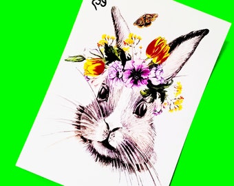 Princess Buttercup Rabbit Queen Flower Crown Tulips and Forest Meadow Blooms Bunny Beauty Full Color Large Sheet Temporary Tattoo