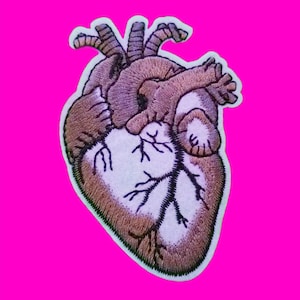 May include: A brown and white embroidered heart patch with detailed anatomical features. The heart is outlined in black and has a white background with brown veins.