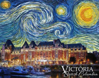 Lantern Press Victoria BC Canada Starry Night Empress Hotel Harbor Scenic Van Gogh Exclusive Style Pen Pal Snail Mail Authentic Postcard NEW