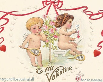 Vintage 1910s Postcard To my Valentine Sweet Cherubs Pretty Red Ribbon Gold Embossed Scene Correspondence Divided Back Era Postally Unused