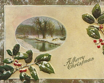 Vintage 1900s Postcard Merry Christmas Holly Mistletoe Winter Scene Textured Traditional Greeting Card Divided Back Card Postmarked