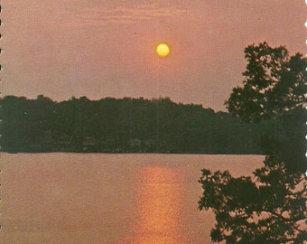 Vintage 1960s Postcard Blazing Lake Sunset Row Boat Summer Beach Scenic Holiday View Photochrome Era Postally Unused