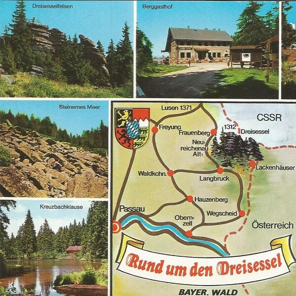 Germany Around Rund um den Dreisessel Europe Bavaria Multiview Berggasthof Hochstein Kreuzbachlause 1980s Postally Unused Vintage Postcard