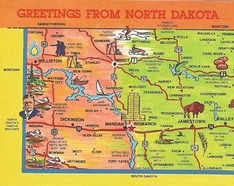 Williston Minot Rugby Medora Mandan Bismarck Jamestown Souvenir ORIGINAL Vintage 1960s Picture Map Fun Retro Colors North Dakota Map