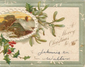 Vintage 1900s Postcard Merry Christmas to You Holiday Greetings Bright Holly Country Scene Correspondence Undivided Back Era Postmarked