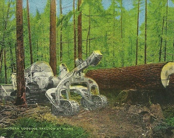 Vintage 1940s Postcard Lumberjack Forest Timber Logging Cat Machine Nature Agriculture Industry Kropp Linen Era Postmarked