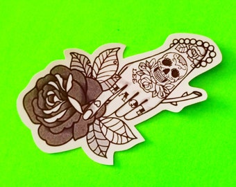 BACK IN STOCK - Rose in Hand Traditional Old School Tattoo Flash Black and Greyscale Rockabilly Retro Glossy Vinyl Sticker