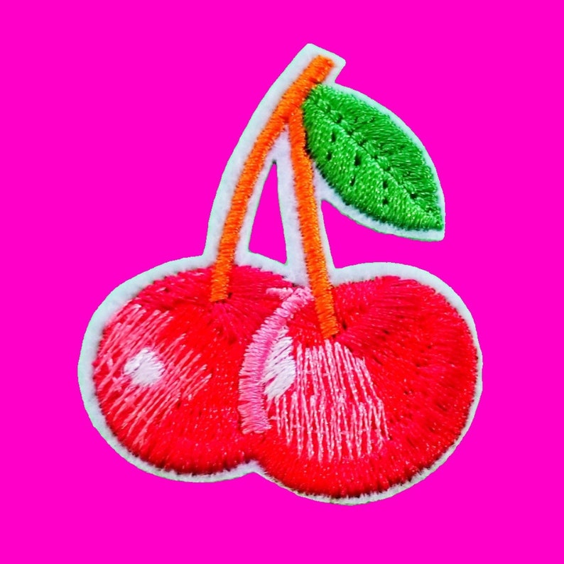 BACK IN STOCK Twin Cherries Cerise Fully Embroidered Cherry Red and Green Iron or Sew On Patch More Styles Cerise Pop