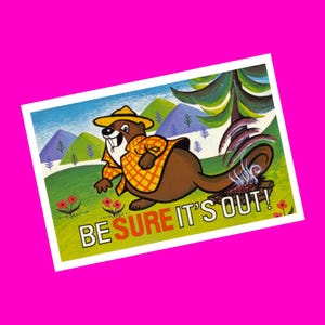 Bertie Beaver Personnage Disney Alberta Forestry Soyez sûr de l'absence Ranger forestier Canada Souvenir touristique Carte postale authentique crâne rose