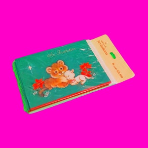 Zaproszenia na przyjęcie z okazji Bożego Narodzenia, małe zwierzęta, lew, baranek, vintage, kicz, super retro, zapieczętowany zestaw ośmiu kart i kopert