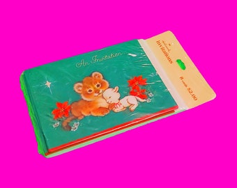 Christmas Celebration Party Invitations Baby Animals Lion Lamb Vintage Kitsch Super Retro Sealed Hallmark Set of Eight Cards and Envelopes