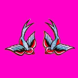 Soaring Swallow Pair Bird Rockabilly Swank Red Blue and Black Fully Embroidered Iron or Sew On Patch Set of Two - More Styles