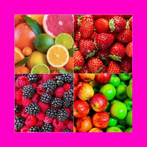 Lot de quatre cartes postales fruitées amusantes fraises agrumes pommes mûres orange pamplemousse baies estival lumineuses authentique crâne rose