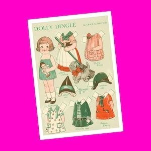 Dolly Dingle rétro mignonnes poupées en papier découpées astucieusement Halloween sorcière chat tigré habiller authentique carte postale rose
